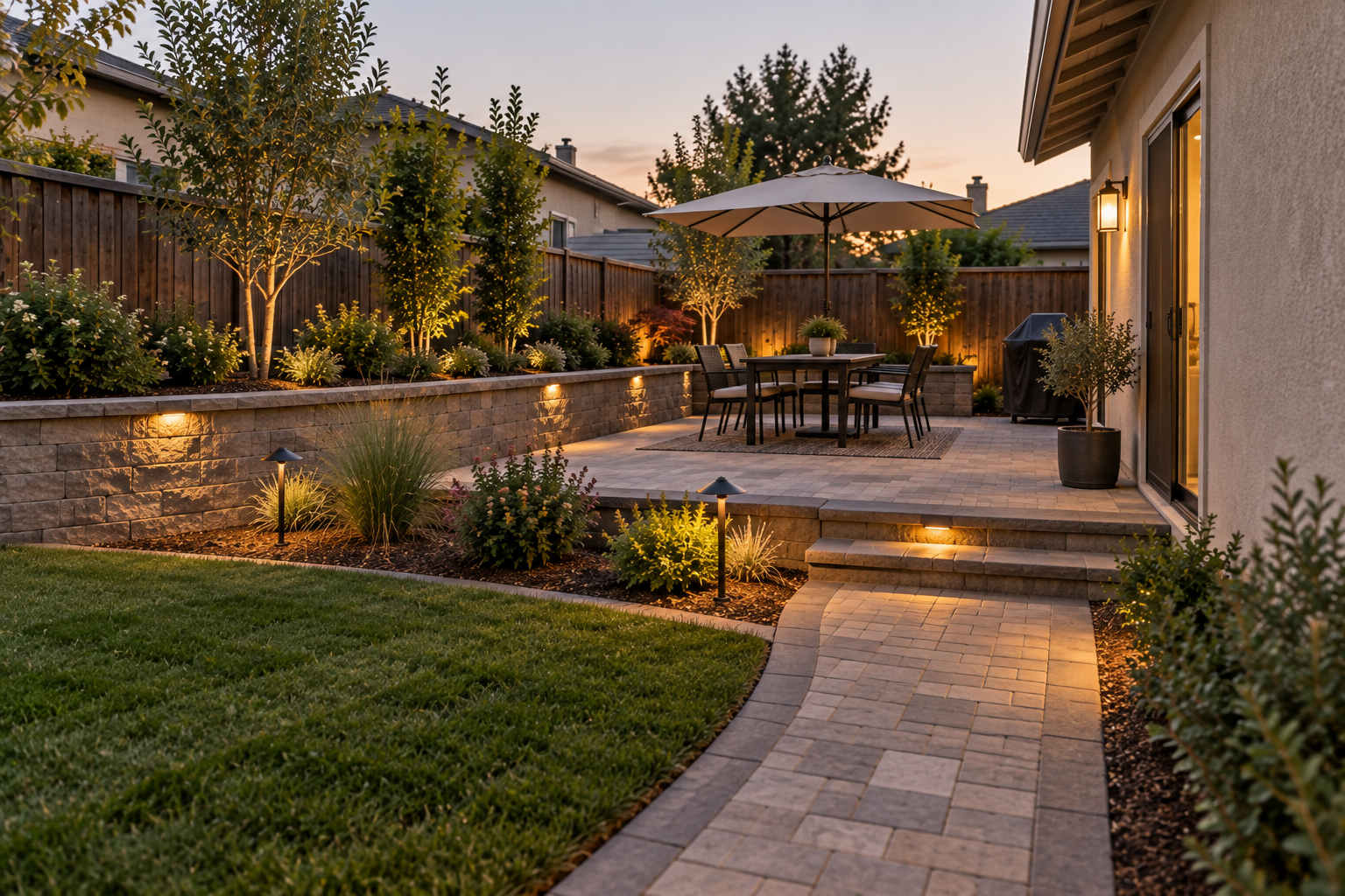 Residential patio, walkway, and retaining wall