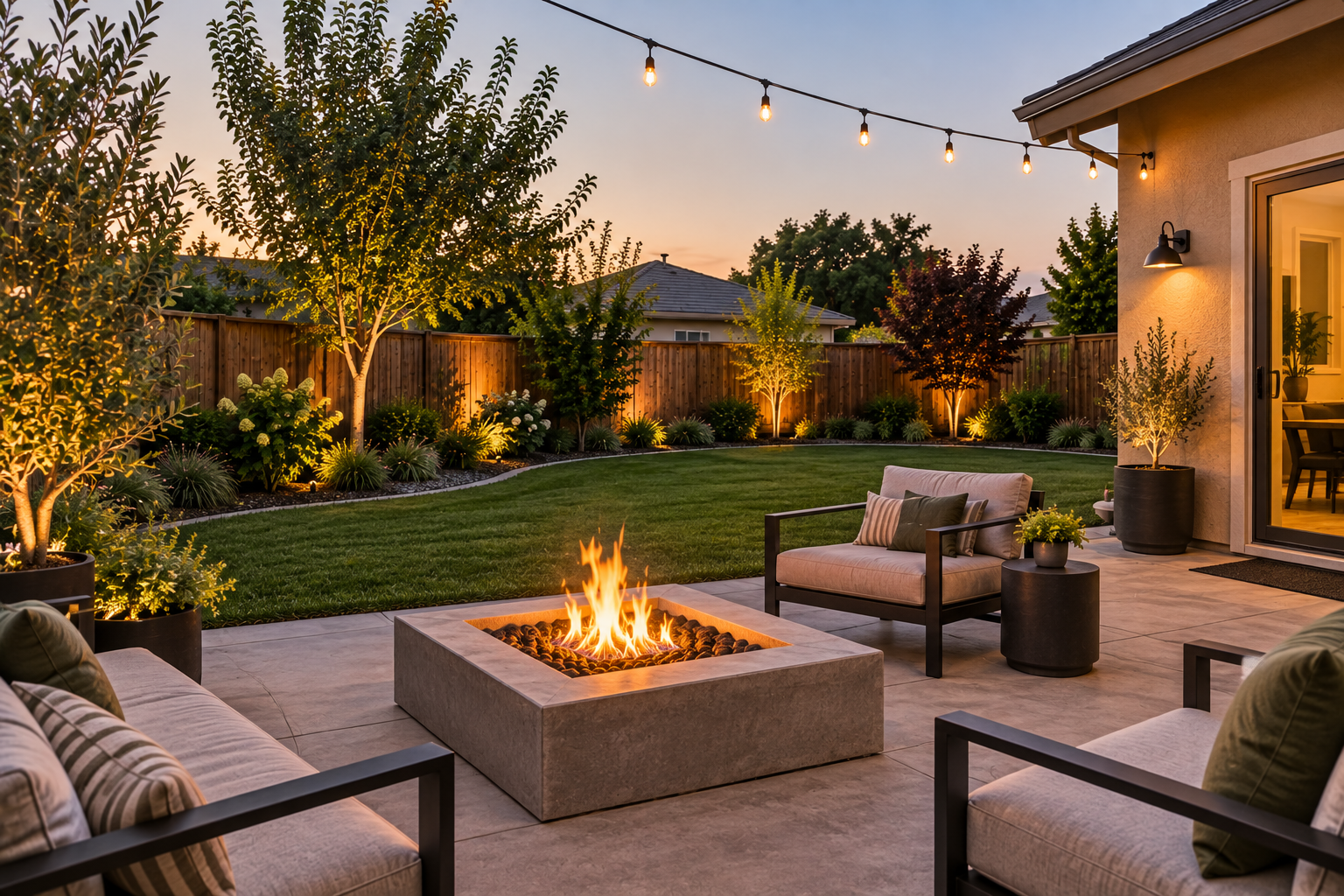 Backyard outdoor living space with fire pit and seating